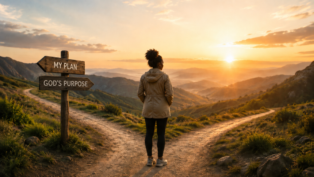 A black woman stands at a fork in the road pondering her choice of path.